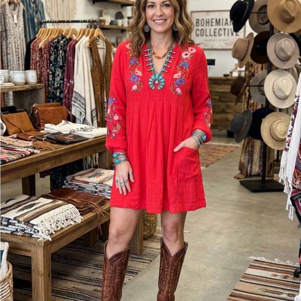 Sold locally Free People Bohemian Red Embroidered Dress